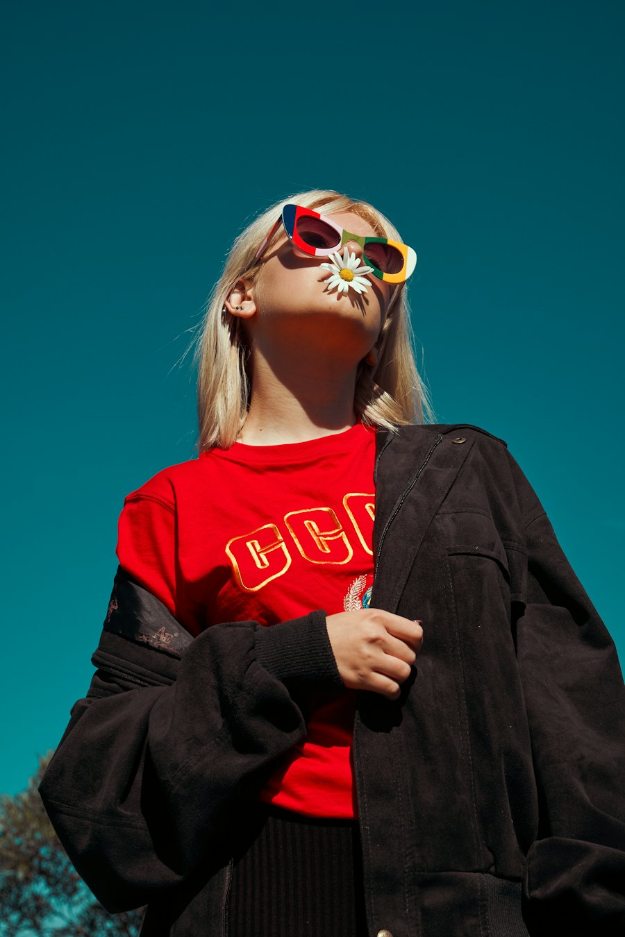 Red slogan tee and black overshirt