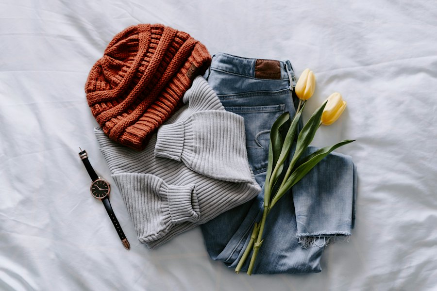 Rust ribbed knit and straight jeans